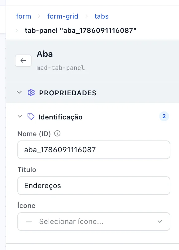 Painel de propriedades de uma Aba com a seção Identificação aberta