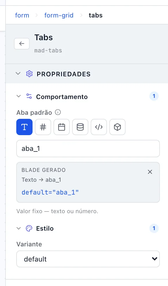 Painel de propriedades do Tabs com Comportamento e Estilo abertos