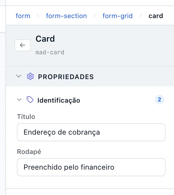 Painel de propriedades do Card com a seção Identificação aberta