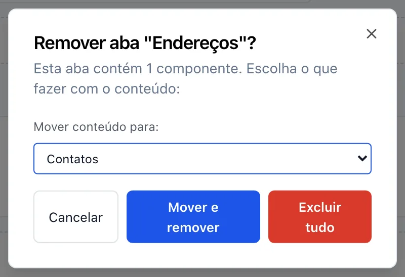 Janela Remover aba, com a escolha da aba de destino e os botões Mover e remover e Excluir tudo