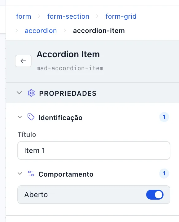 Painel de propriedades de um item da sanfona com Identificação e Comportamento abertos