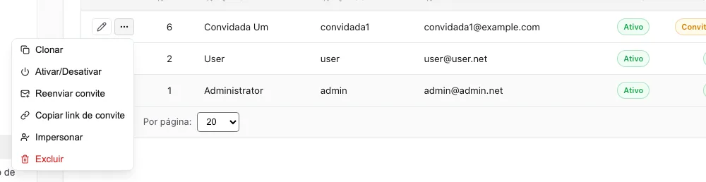 Menu de três pontos aberto na linha de Convidada Um, com as opções Reenviar convite e Copiar link de convite