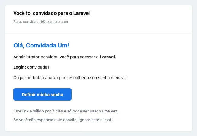 E-mail de convite recebido, com a saudação, o nome de quem convidou, o login e o botão Definir minha senha