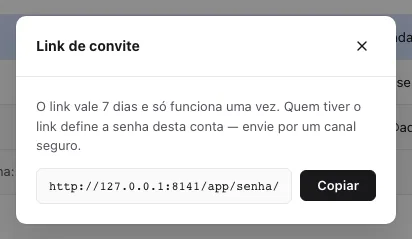 Janela Link de convite com a URL contendo o token e o botão Copiar