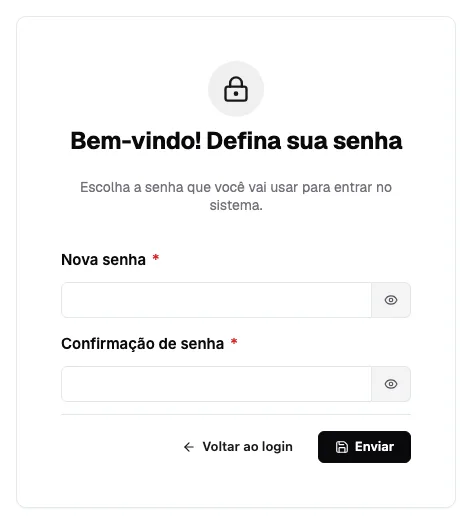 Tela Bem-vindo! Defina sua senha, com os campos Nova senha e Confirmação de senha e o botão Enviar