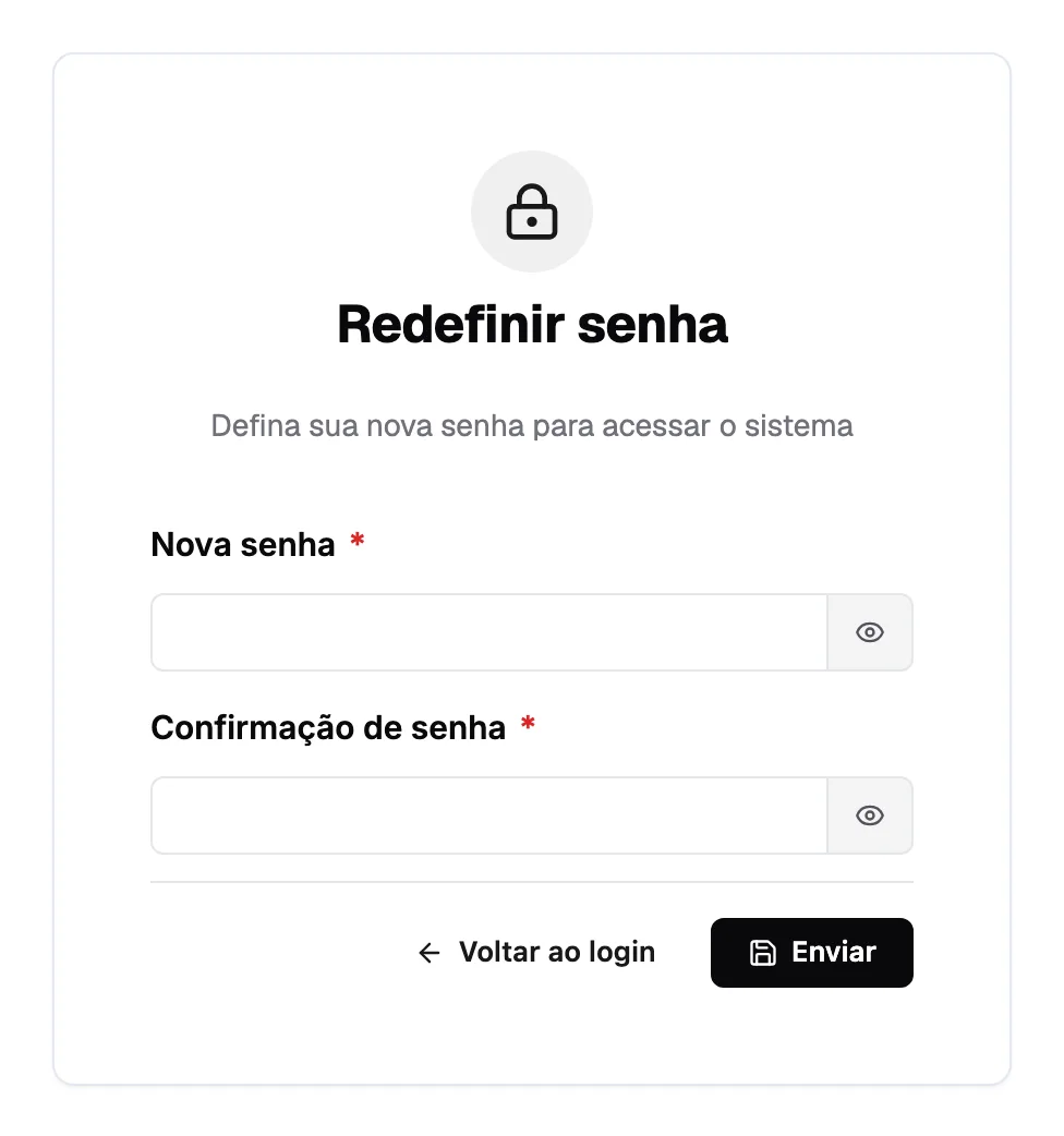 Tela de definição de senha com os campos Nova senha e Confirmação de senha