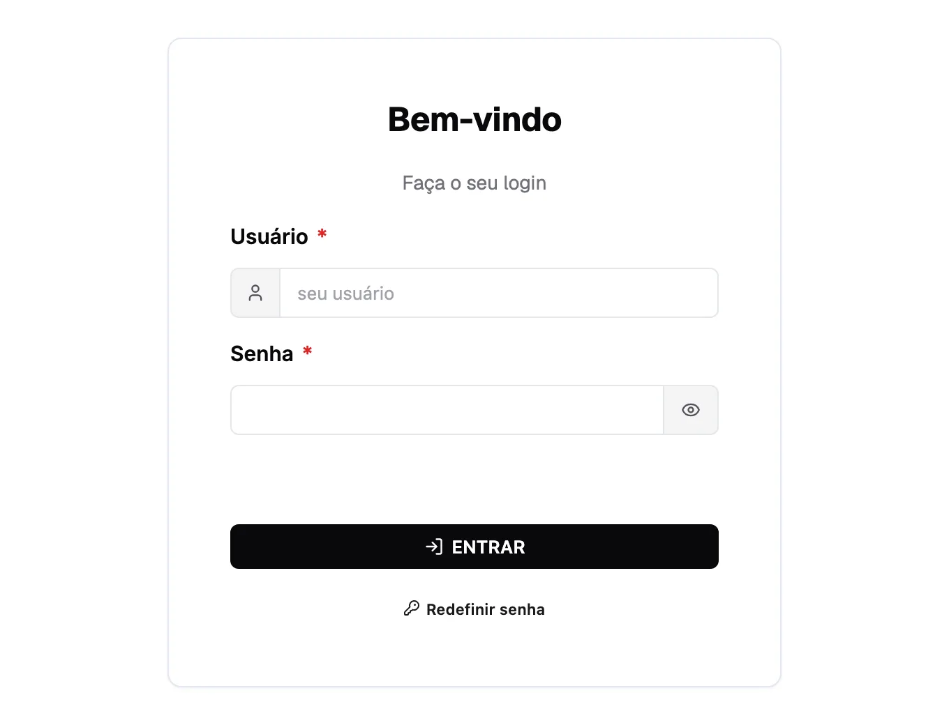 Tela de login com os campos Usuário e Senha, o botão Entrar e o link Redefinir senha