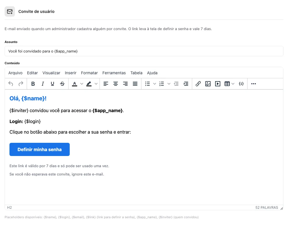 Seção Convite de usuário em Preferências, com os campos Assunto e Conteúdo do e-mail de convite