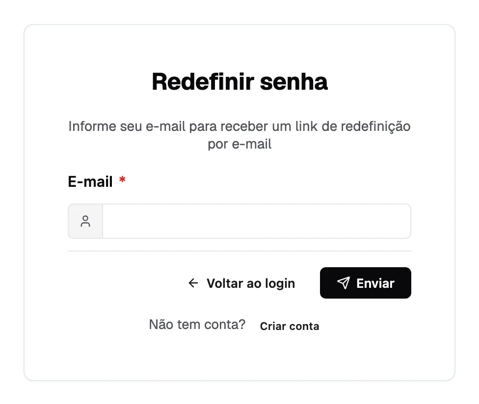 Tela Redefinir senha com o campo E-mail, o botão Voltar ao login e o botão Enviar