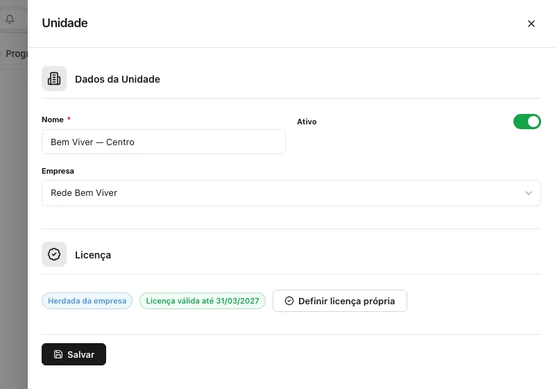 Cadastro da unidade Bem Viver — Centro, empresa Rede Bem Viver, com a seção Licença mostrando os selos Herdada da empresa e Licença válida até 31/03/2027 e o botão Definir licença própria