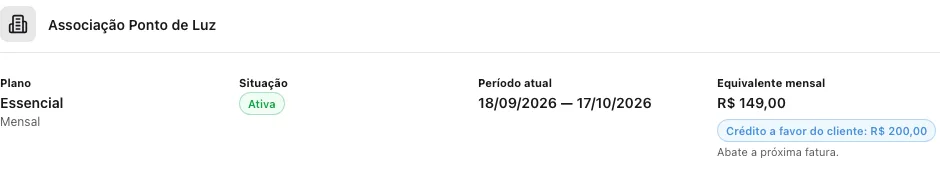 Cabeçalho da assinatura com o selo Crédito a favor do cliente: R$ 200,00 e a nota Abate a próxima fatura
