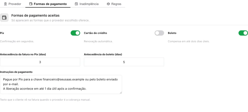 Aba Formas de pagamento com Stripe marcado na aba Provedor: chaves Pix ligada, Cartão de crédito desligada e Boleto ligada lado a lado; campos Antecedência da fatura no Pix 3 dias e Antecedência do boleto 5 dias; campo Instruções de pagamento preenchido