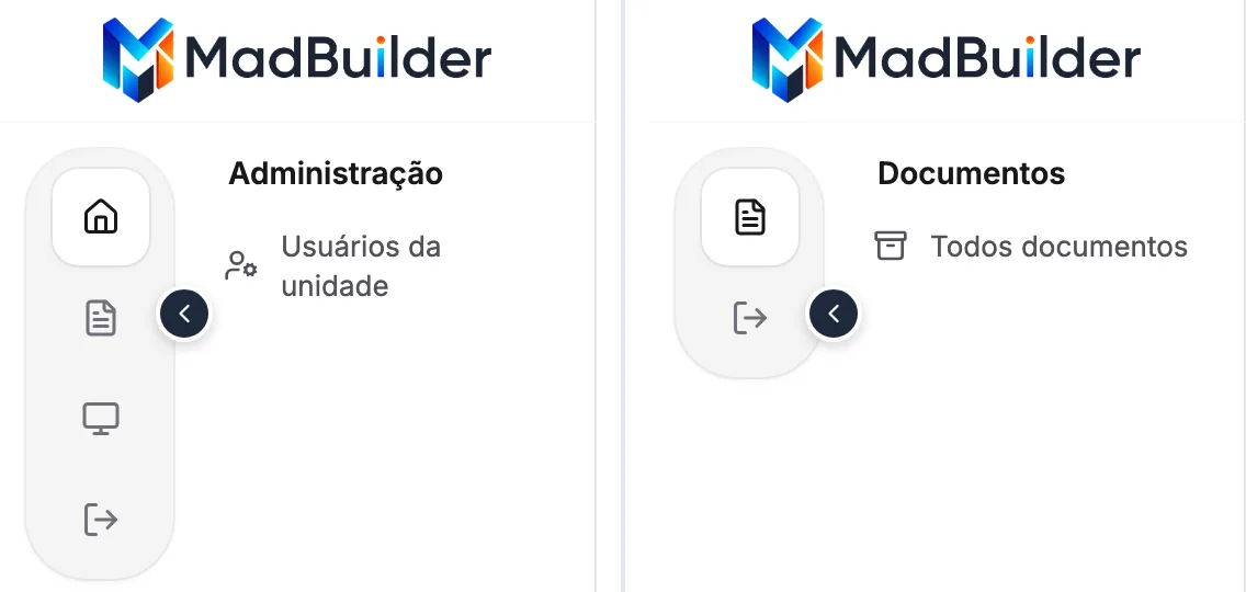 Dois menus laterais lado a lado: o da administradora Marina com Administração, Documentos e Auditoria, e o da usuária Clara só com Documentos