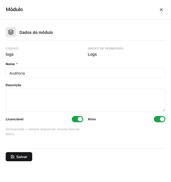 Formulário do módulo Auditoria com código e grupo travados, campos nome, descrição, licenciável e ativo