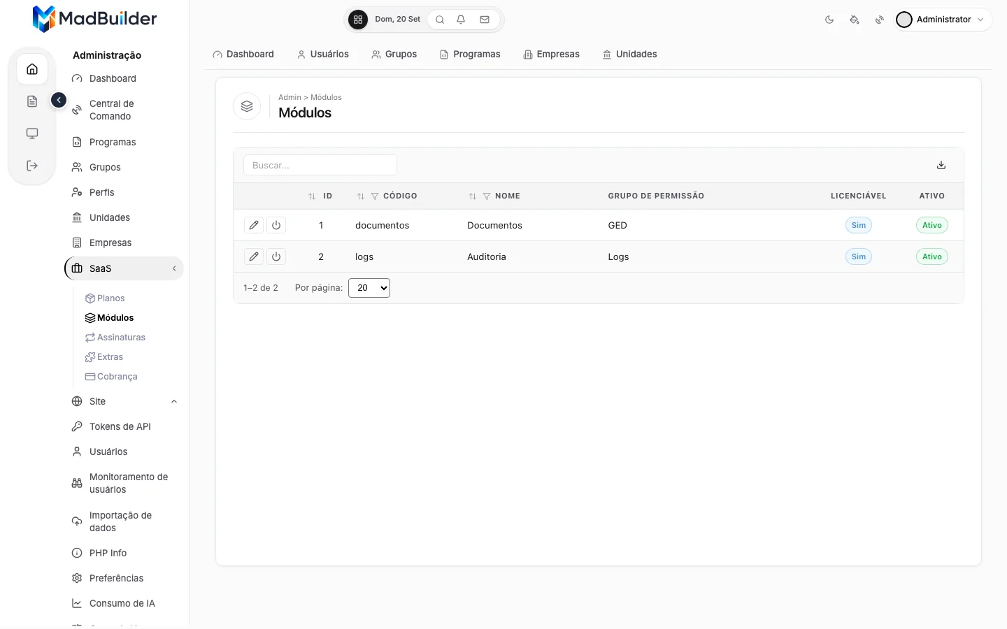 Tela Módulos do app com a lista Documentos e Auditoria, colunas código, nome, grupo de permissão, licenciável e ativo