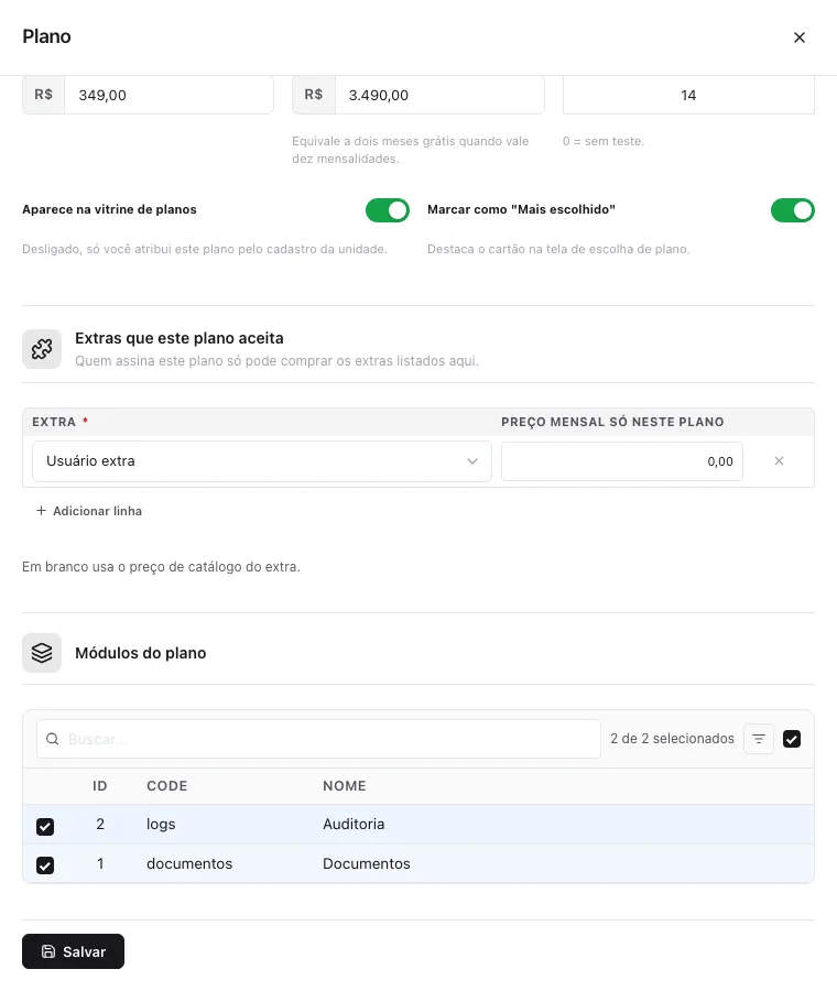 Parte de baixo do formulário do plano: extras que este plano aceita e a lista de módulos do plano com Auditoria e Documentos marcados