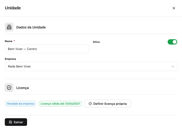 Cadastro da unidade Bem Viver Centro com a seção Licença mostrando Herdada da empresa, licença válida até 31/03/2027 e o botão Definir licença própria
