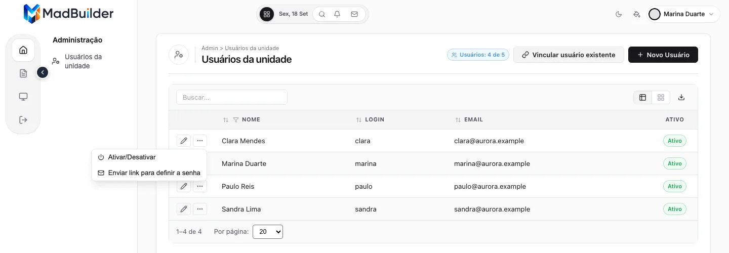 Lista de usuários da unidade com o menu de ações de uma linha aberto: Ativar/Desativar e Enviar link para definir a senha