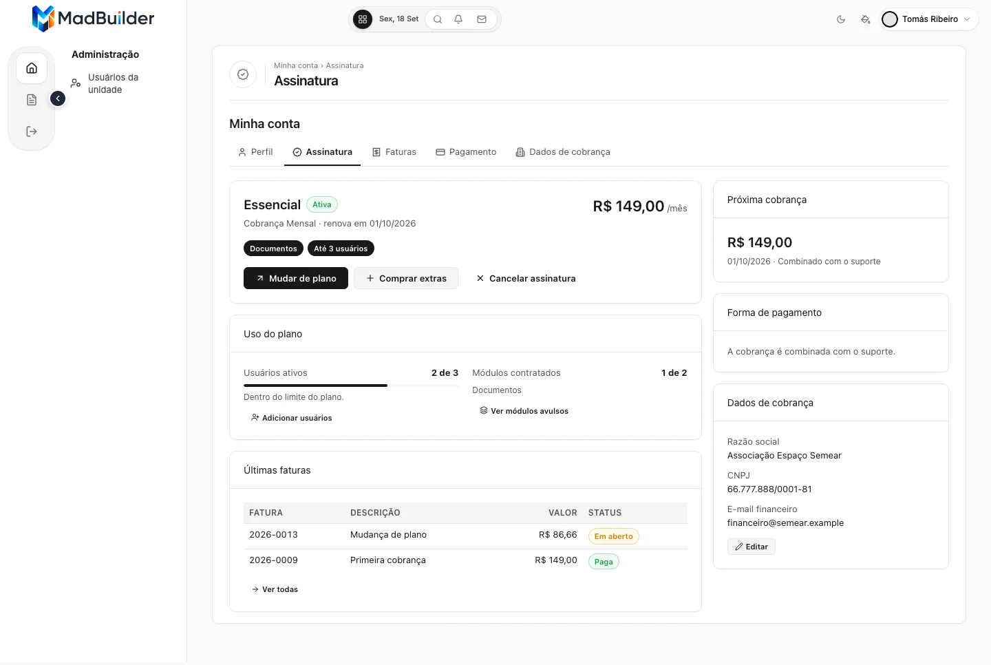 Visão geral após pedir o upgrade: o plano continua Essencial e a fatura 2026-0013 Mudança de plano aparece Em aberto em Últimas faturas