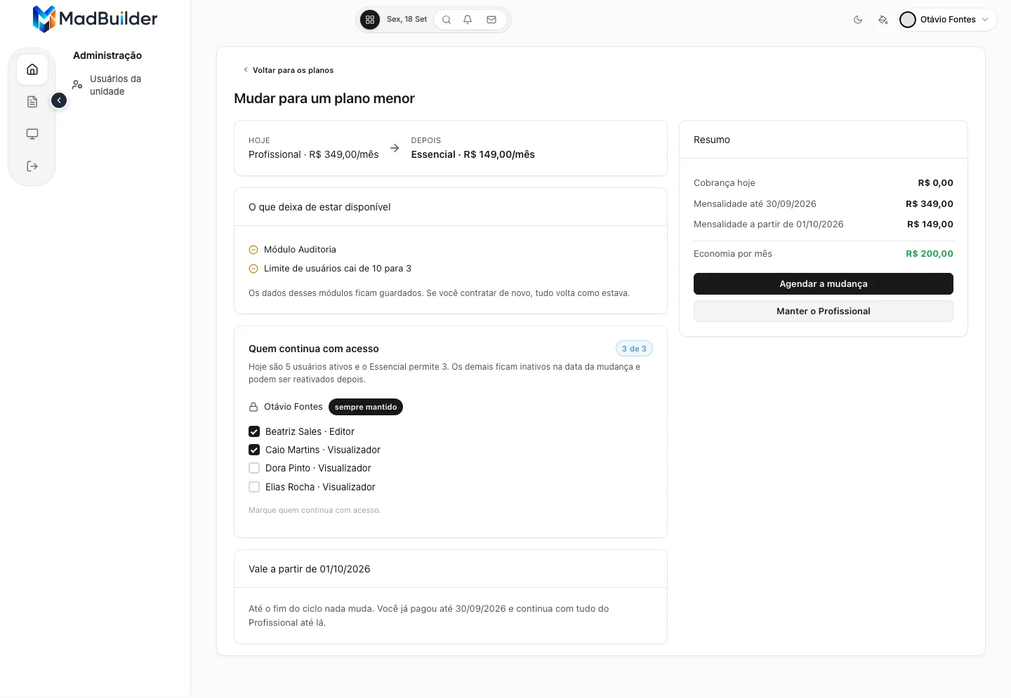 Revisão do downgrade do Profissional para o Essencial: o que deixa de estar disponível, lista Quem continua com acesso com 3 de 3 marcados, aviso Vale a partir de 01/10/2026 e resumo com economia de R$ 200,00 por mês