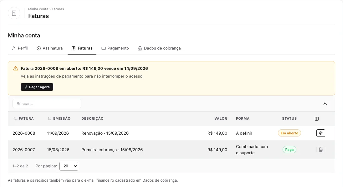 Aba Faturas com o aviso Fatura 2026-0008 em aberto, R$ 149,00, vence em 14/09/2026, botão Pagar agora, e a fatura Em aberto na lista com o ícone de raio
