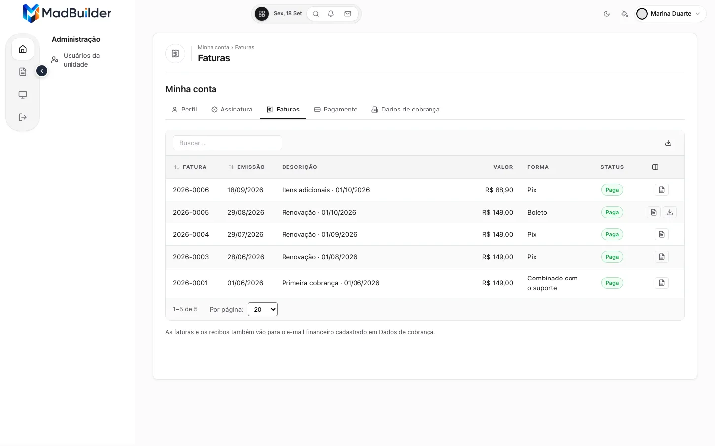 Lista de faturas do Instituto Aurora: cinco faturas pagas, com as ações Recibo em cada linha e o botão de baixar a nota fiscal na fatura 2026-0005