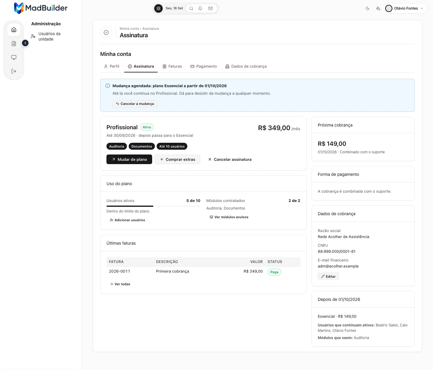 Visão geral com o aviso Mudança agendada: plano Essencial a partir de 01/10/2026, botão Cancelar a mudança, e o bloco Depois de 01/10/2026 com os usuários que continuam e os módulos que saem