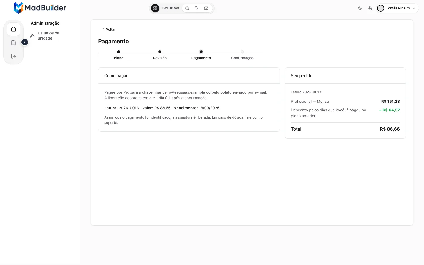 Tela Pagamento com cobrança manual: instruções de Pix e boleto, número da fatura, valor e vencimento; ao lado, o pedido com o plano Profissional, o desconto dos dias já pagos e o total de R$ 86,66