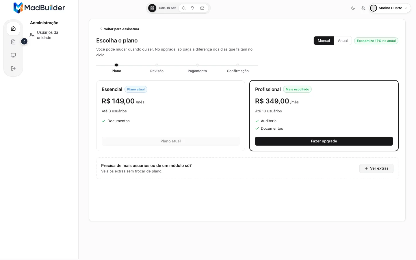 Vitrine com os planos Essencial (plano atual) e Profissional (mais escolhido), alternância Mensal e Anual, e o atalho Ver extras