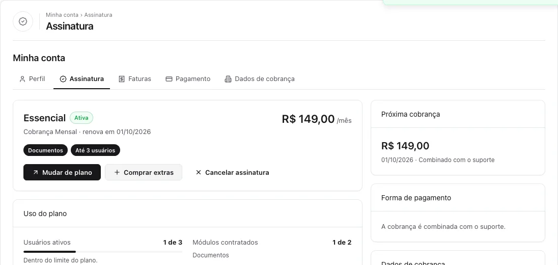 Visão geral logo após reativar: cartão Essencial Ativa, Cobrança Mensal renova em 01/10/2026 e o botão Cancelar assinatura de volta