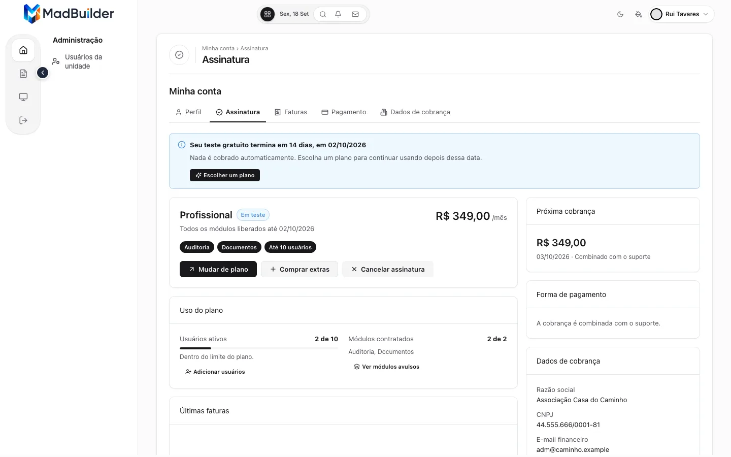 Visão geral da Casa do Caminho em teste grátis: aviso azul Seu teste gratuito termina em 14 dias, em 02/10/2026, botão Escolher um plano, cartão Profissional Em teste e Nenhuma fatura ainda