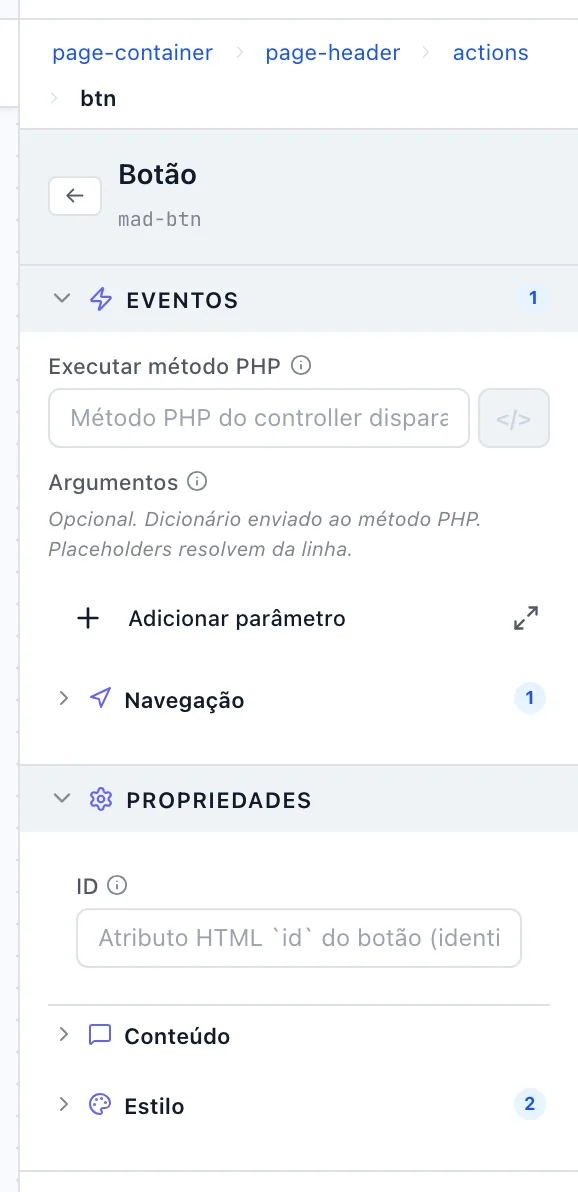 Painel de propriedades de um Botão com a seção Eventos aberta