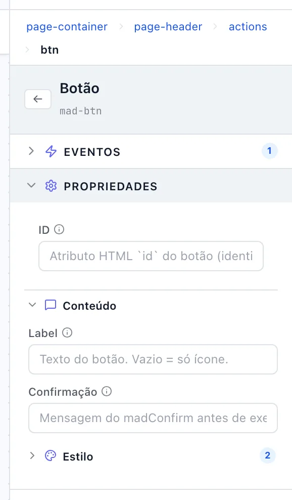 Painel do Botão com a seção Conteúdo aberta
