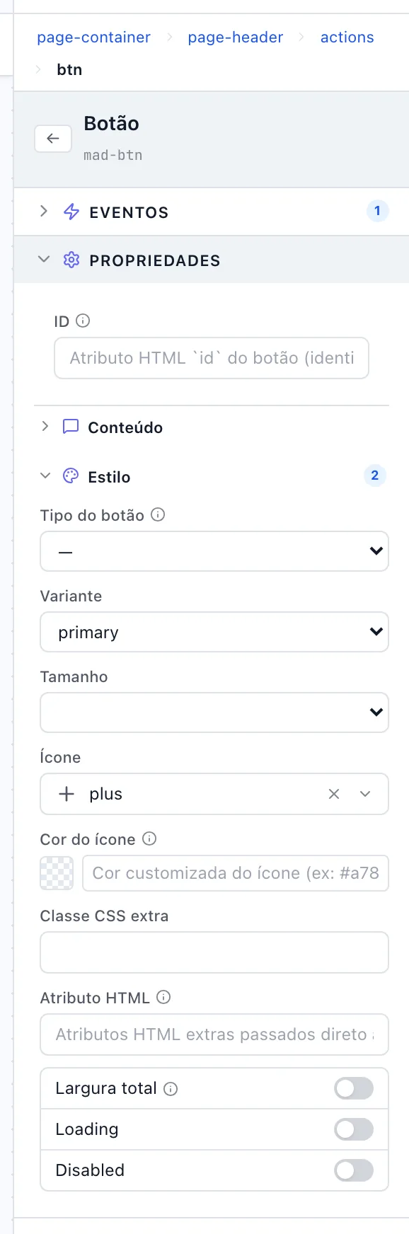 Painel do Botão com a seção Estilo aberta