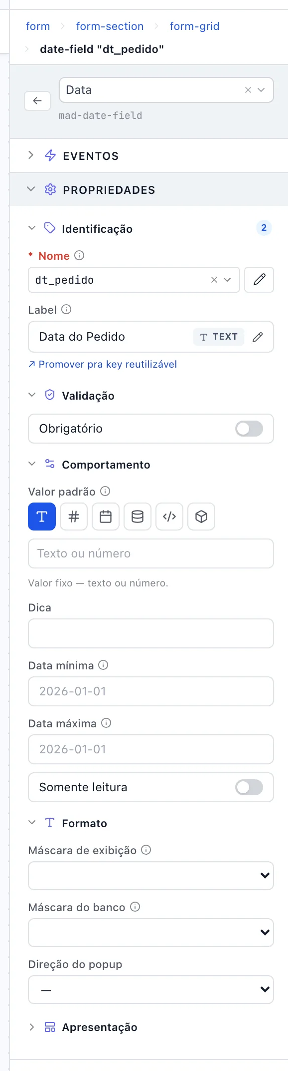 Painel de um campo Data com Identificação, Validação, Comportamento e Formato abertos