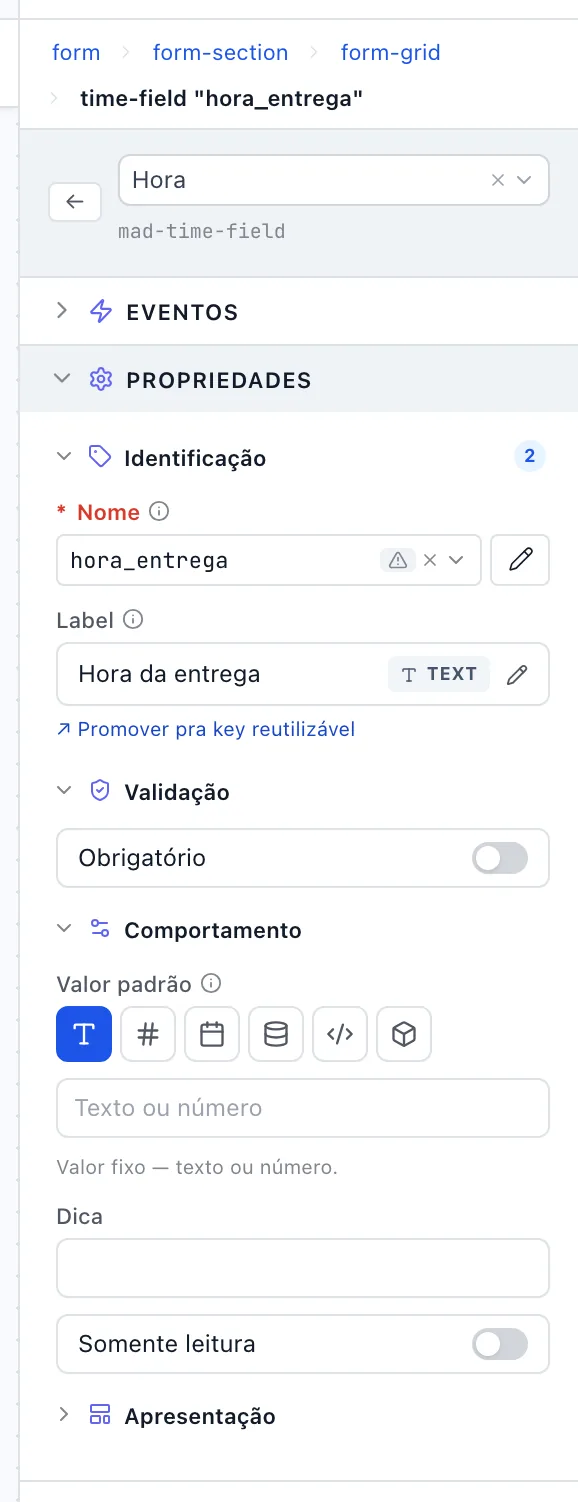 Painel de um campo Hora com Identificação, Validação e Comportamento abertos