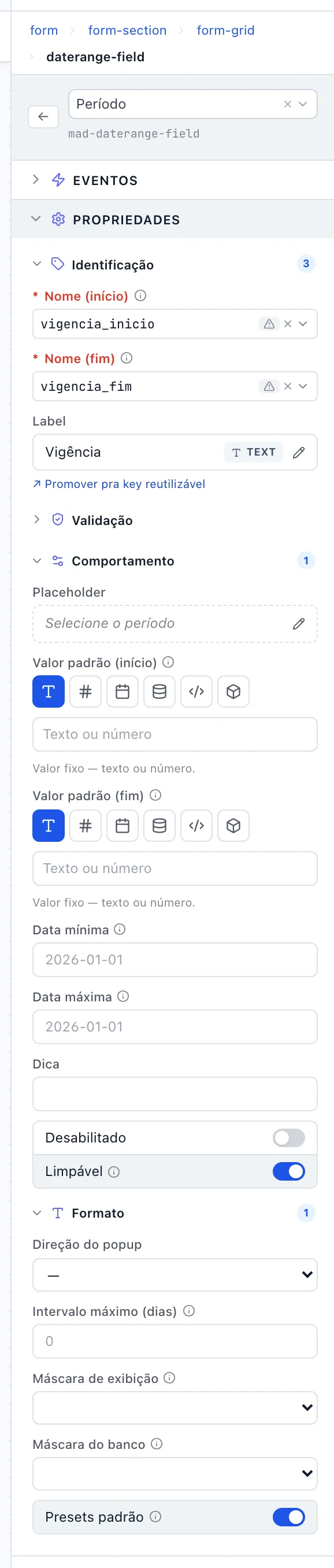 Painel de um campo Período com Identificação, Comportamento e Formato abertos