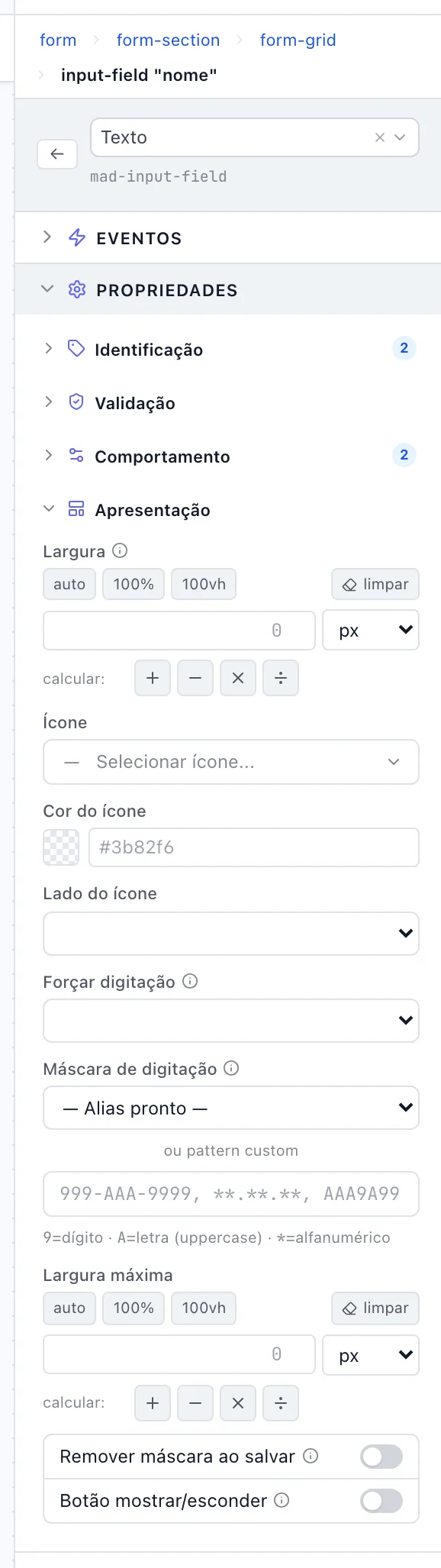 Painel de propriedades com a seção Apresentação aberta, mostrando máscara, ícone e largura