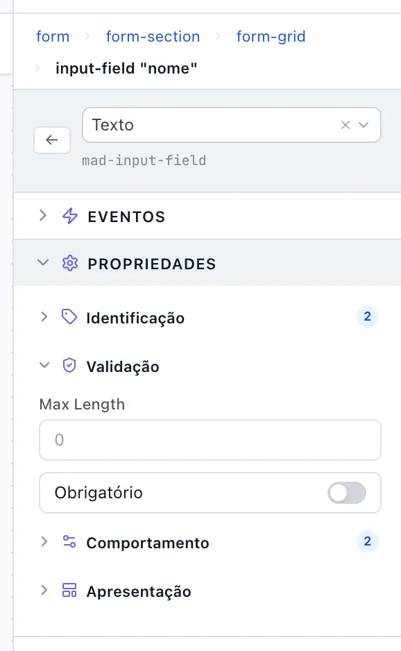 Painel de propriedades com a seção Validação aberta