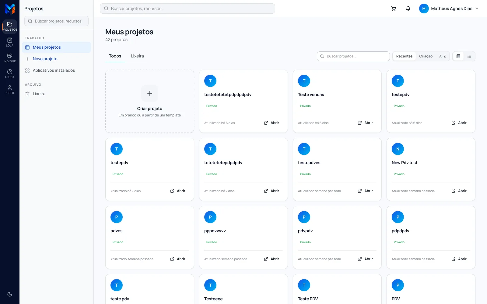 Tela Meus projetos no manager, lista de cards e o card Criar projeto