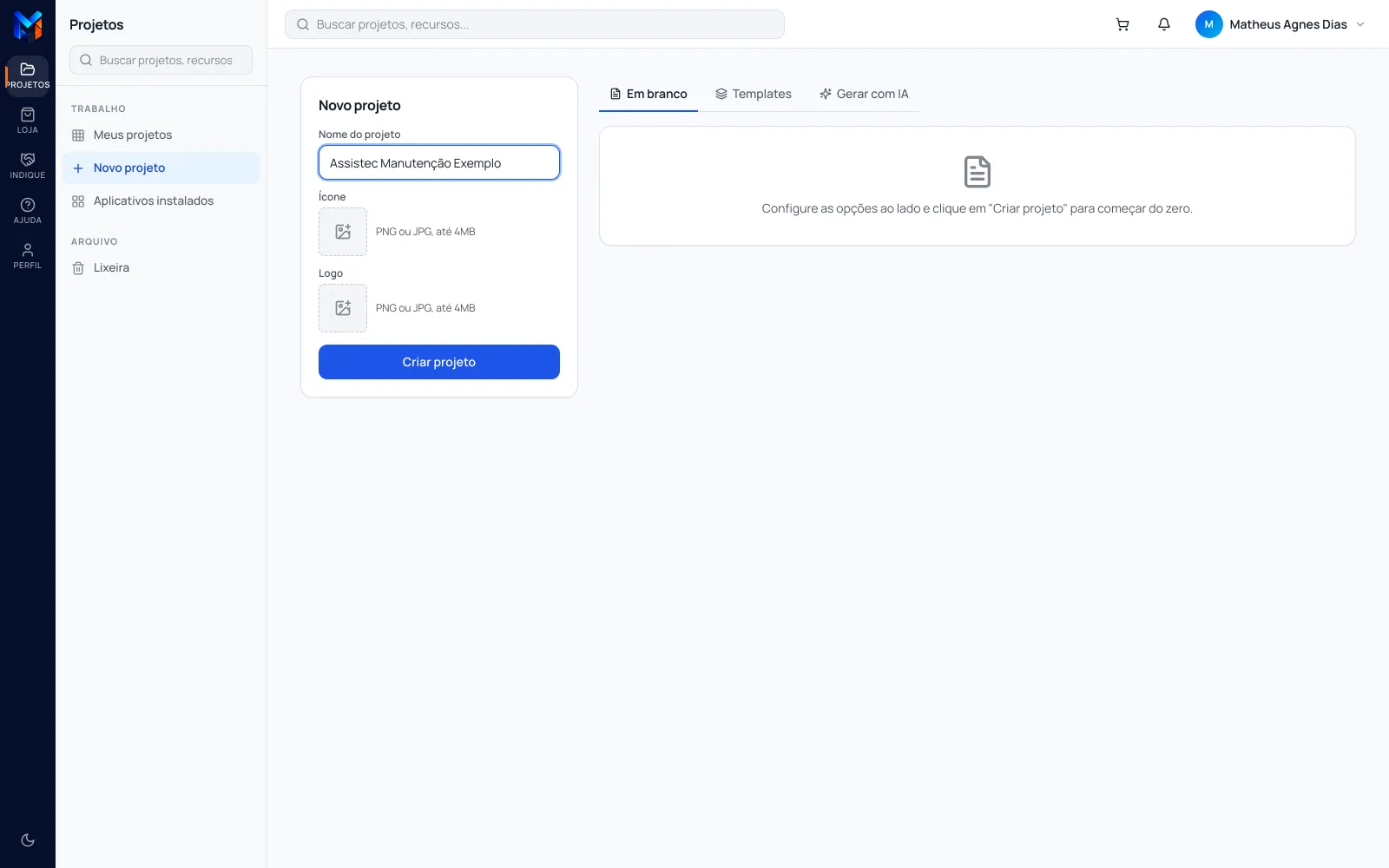 Tela Novo projeto na aba Em branco, com o campo Nome do projeto preenchido: Assistec Manutenção Exemplo