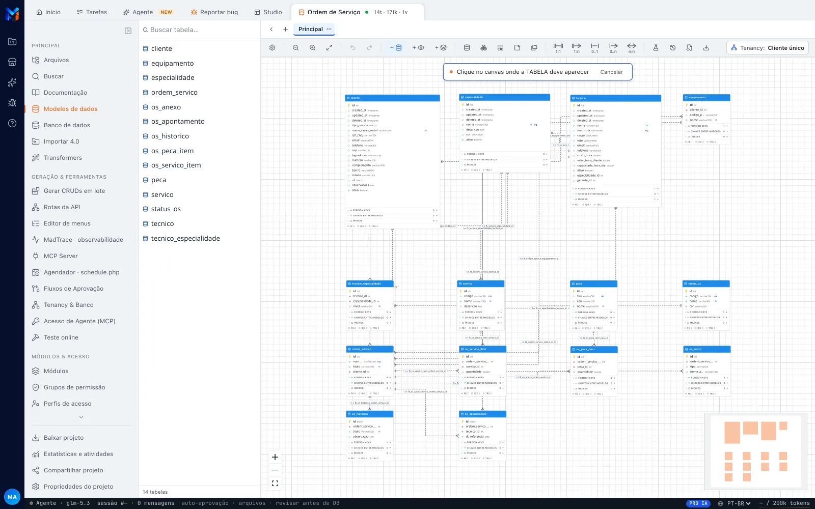 Canvas com o aviso 'Clique no canvas onde a TABELA deve aparecer' no topo e o botão de tabela aceso na toolbar (o modo de posicionamento só existe depois que o modelo tem a primeira tabela)