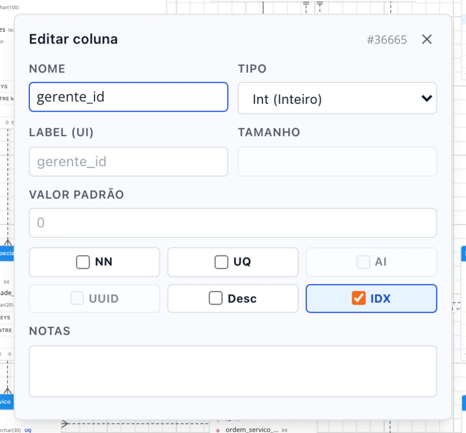 Popover Editar coluna de gerente_id, tipo Int (Inteiro), com o selo IDX marcado