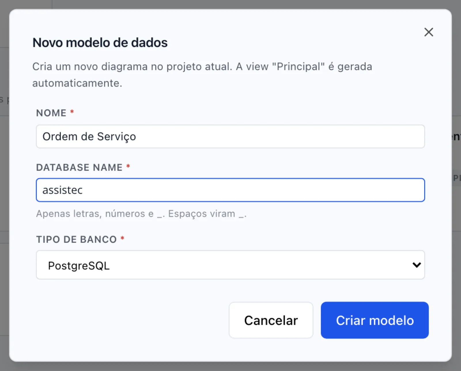 Modal Novo modelo de dados com Nome, Database name e Tipo de banco preenchidos