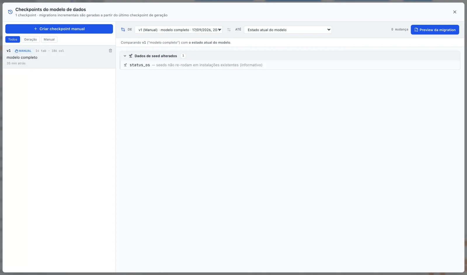 Painel Checkpoints do modelo de dados com o checkpoint manual v1 'modelo completo' selecionado (14 tab · 186 col) e a comparação De/Até com o estado atual à direita