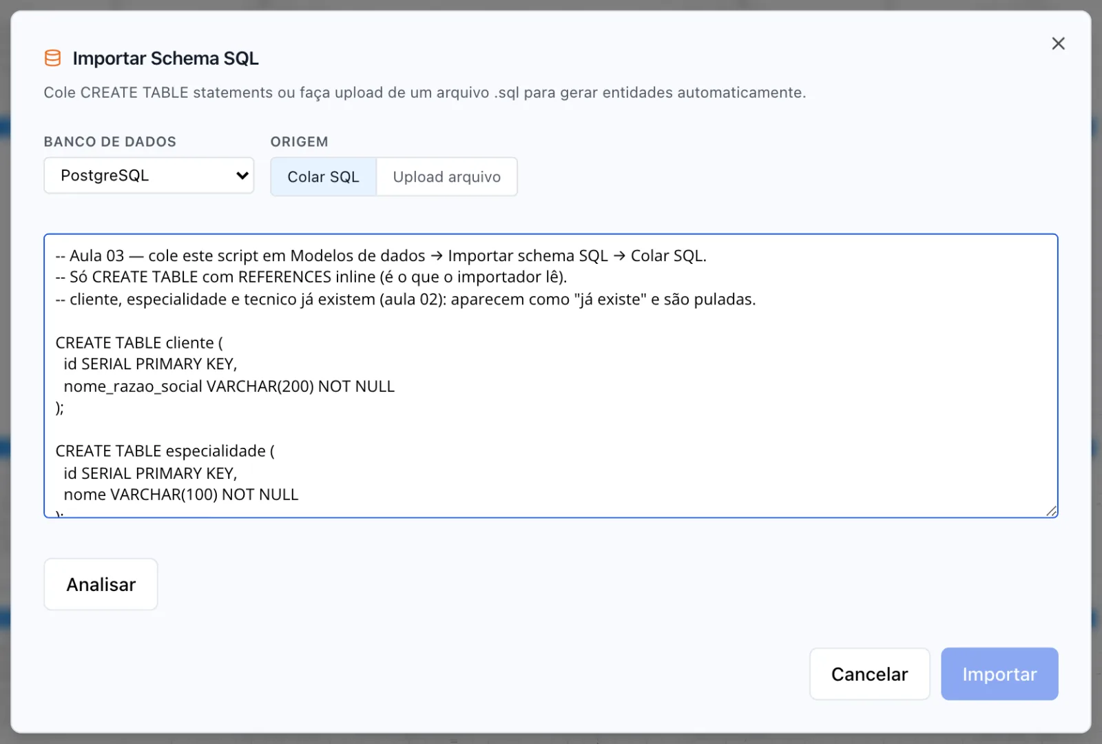Modal Importar Schema SQL com a aba Colar SQL ativa e o script colado na área de texto