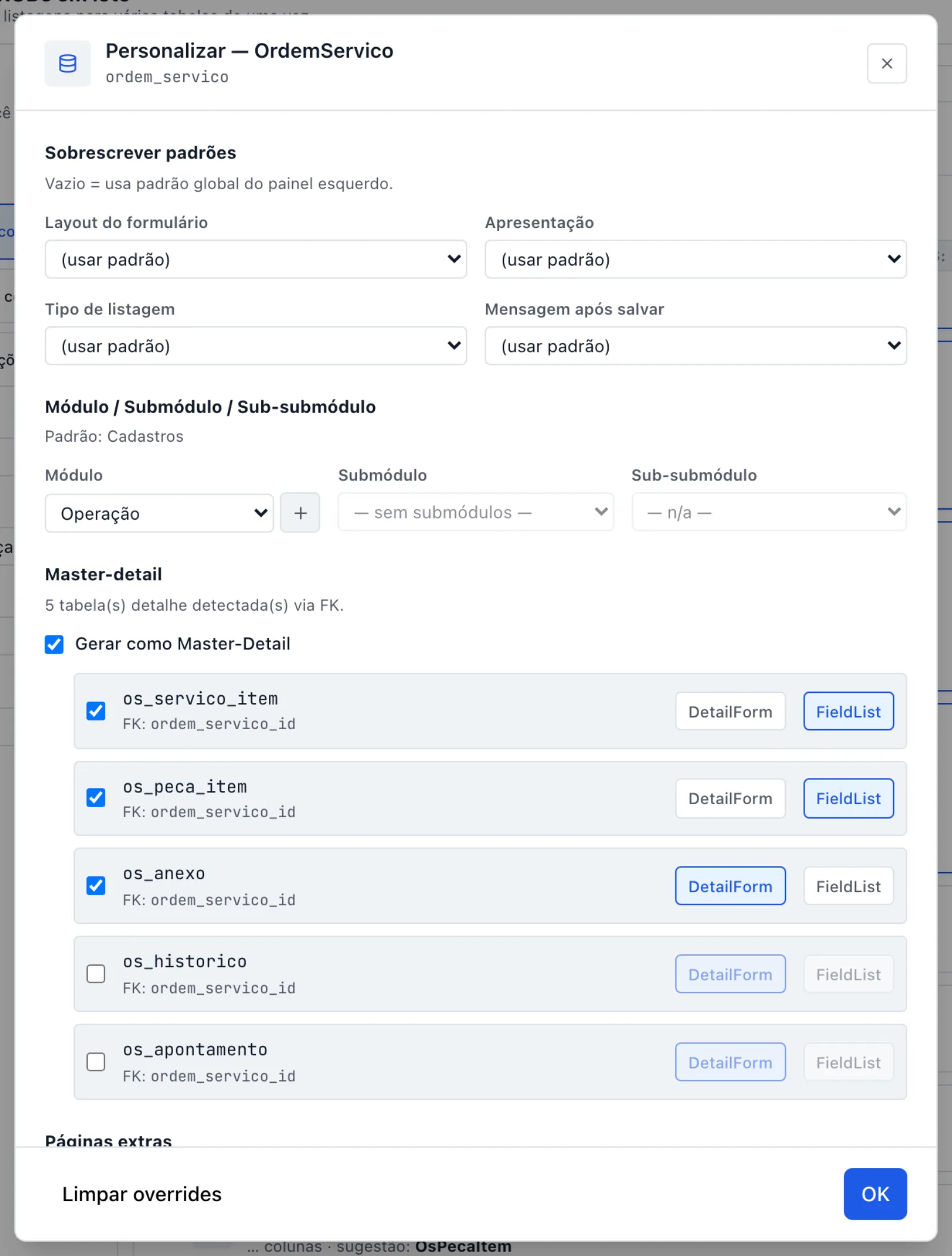 Modal Personalizar — OrdemServico com a seção Master-detail aberta, Gerar como Master-Detail marcado e as pílulas FieldList/DetailForm por tabela detalhe