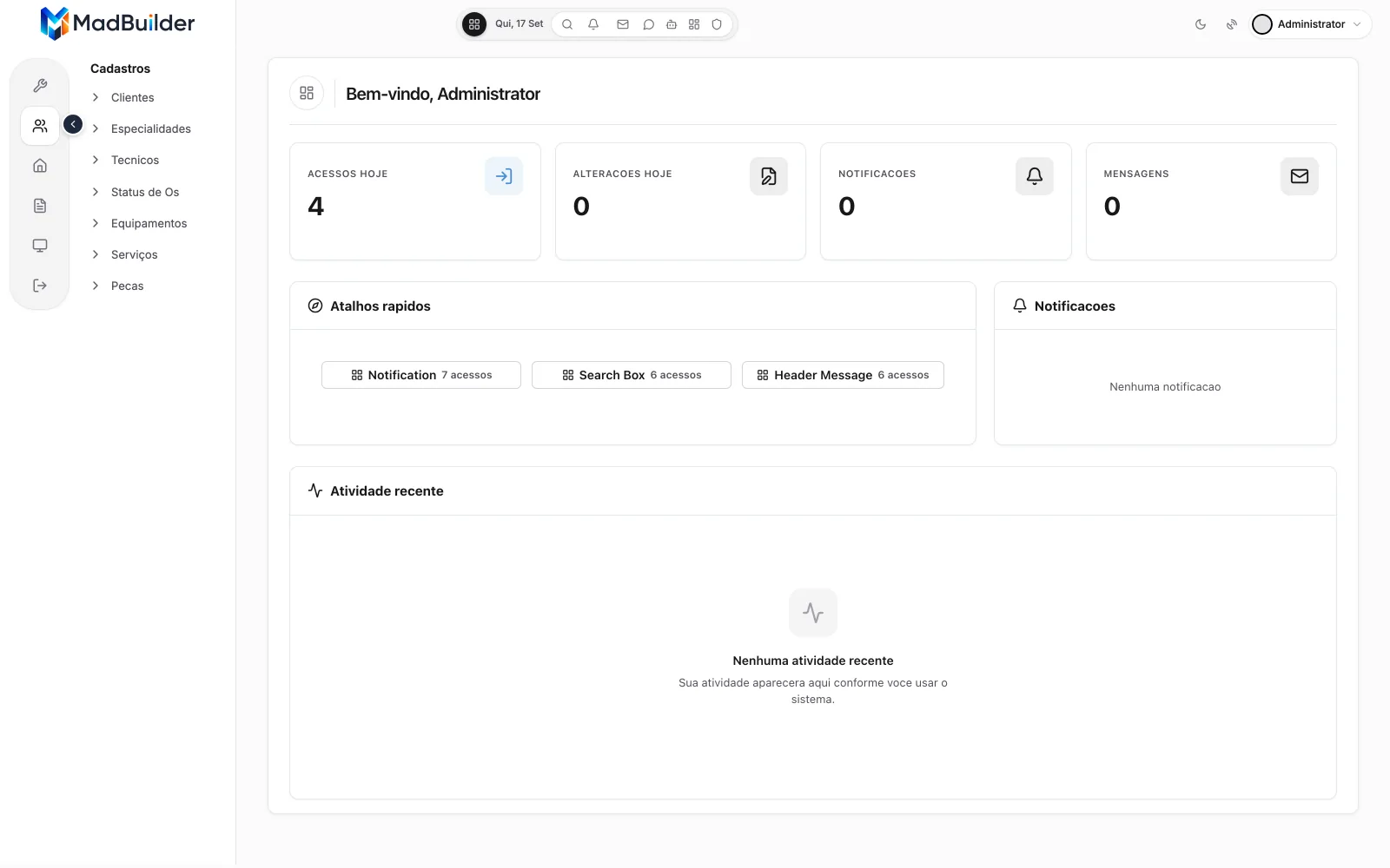 Aplicação gerada aberta e autenticada, com a tira de ícones de módulo à esquerda e o módulo Cadastros aberto listando Clientes, Especialidades, Tecnicos, Status de Os, Equipamentos, Serviços e Pecas