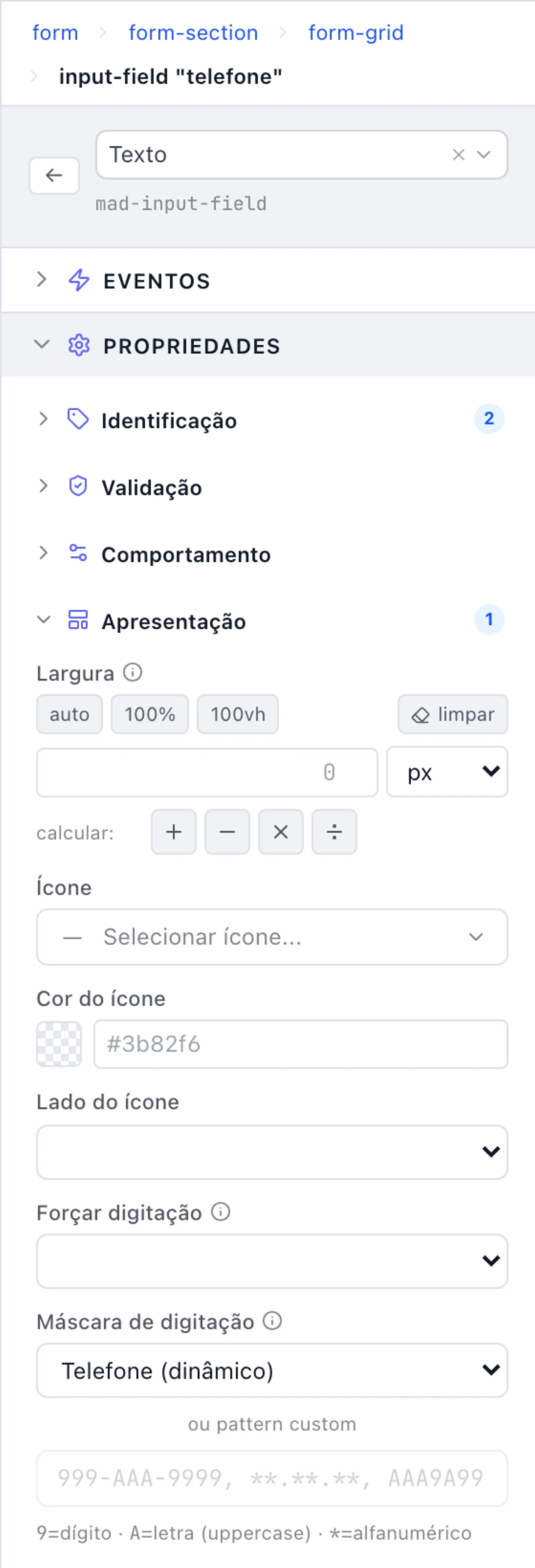 Campo telefone selecionado com a seção Apresentação aberta e Máscara de digitação em Telefone (dinâmico)