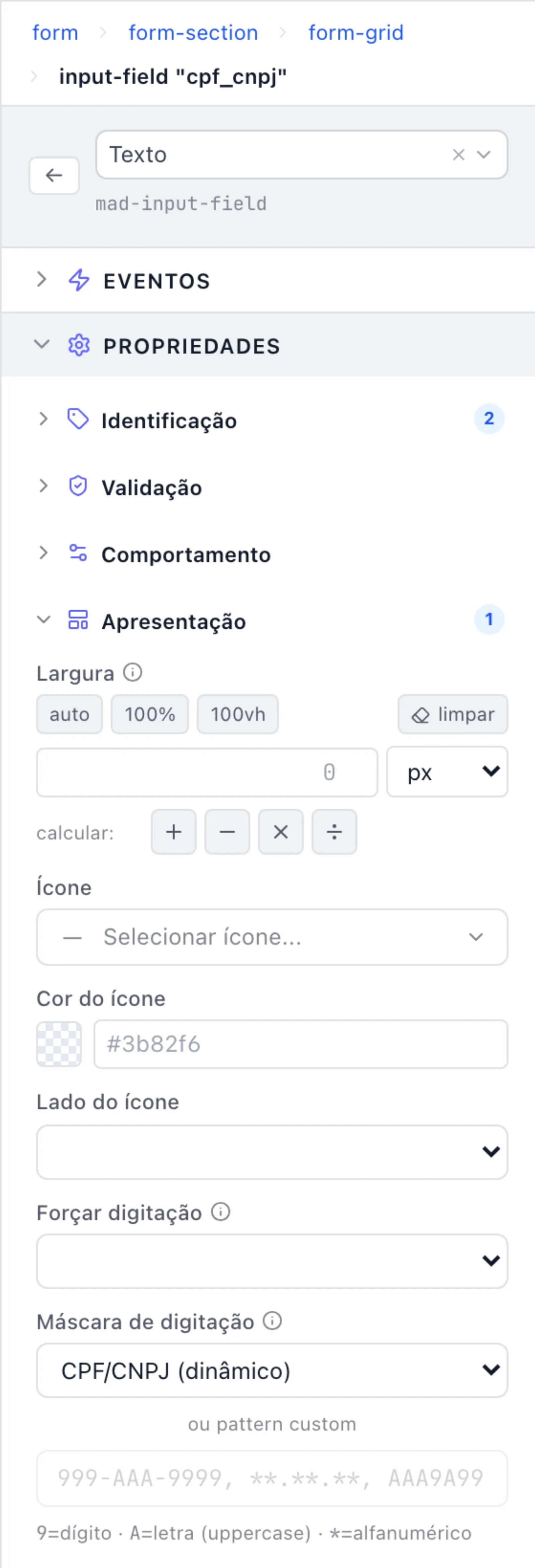 Campo cpf_cnpj de volta ao tipo Texto, com a seção Apresentação aberta e Máscara de digitação em CPF/CNPJ (dinâmico)